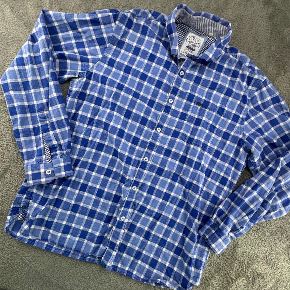 Oxemberg Button Down Shirt Mens XL Blue White Plaid Long Sleeve Good Pocket